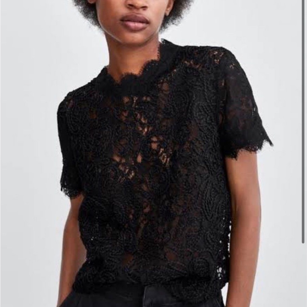 ZARA black short sleeve lace top size S